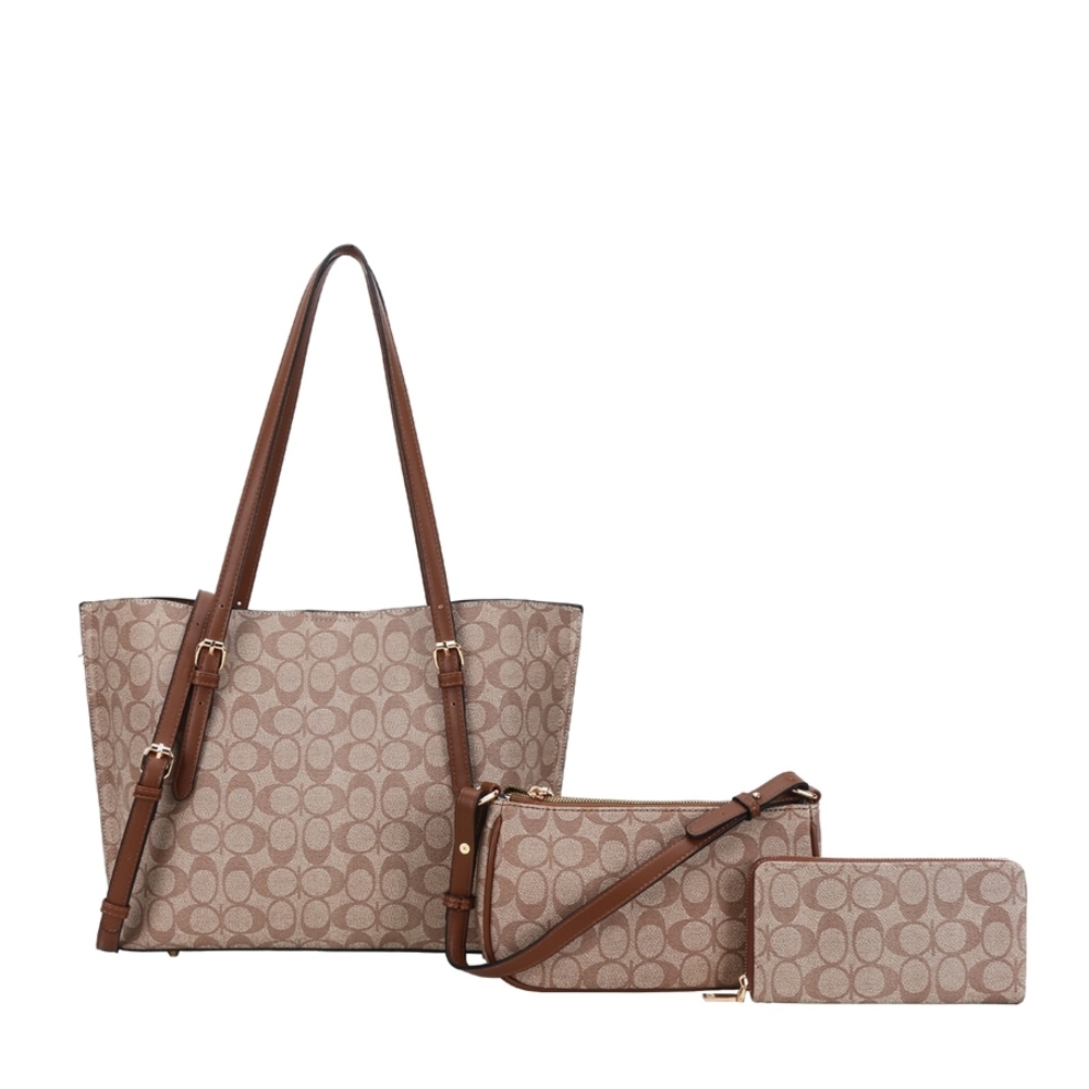Source Unknown Beige and Brown Monogram Tote with Crossbody Pouch and Wallet